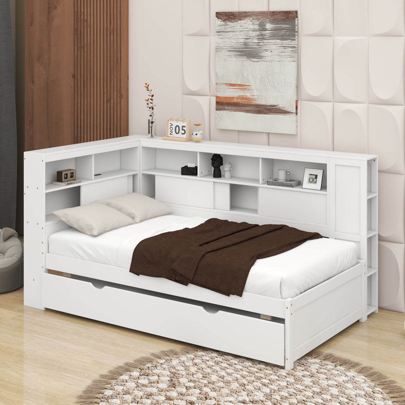 Lit de jour simple en bois avec tablettes et lit gigogne, Blanc