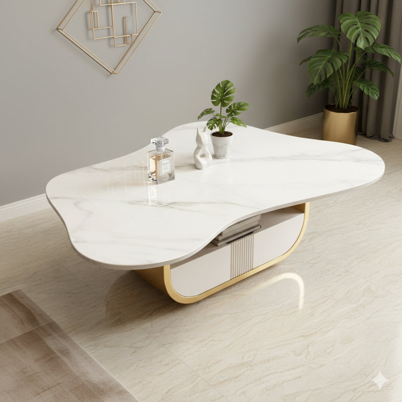 Table basse contemporaine en forme de papillon avec plateau en pierre frittée - table centrale ovale avec tablette inférieure et tiroir, base en acier inoxydable et fabrication en panneau de fibres à densité moyenne