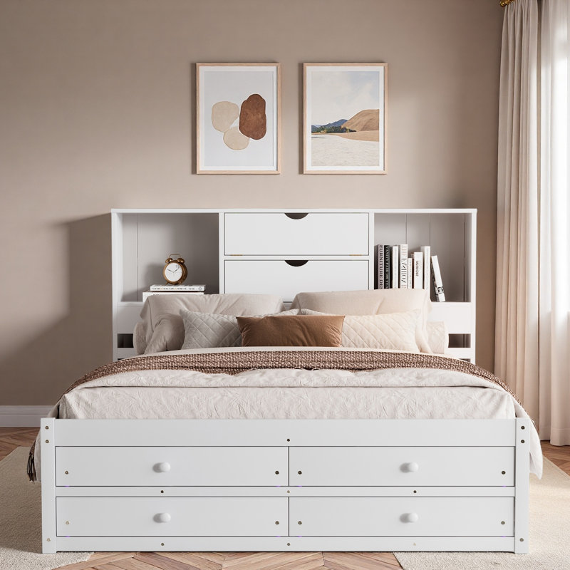 Lit plateforme avec tête de lit avec rangement et 8 tiroirs, Blanc, Grand lit