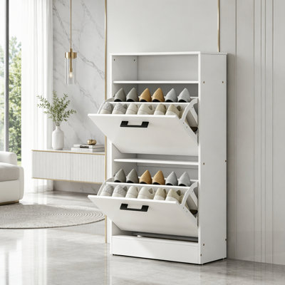 Armoire à chaussures mince avec 2 tiroirs rabattables et séparateurs réglables pour un rangement et un rangement efficaces dans l'entrée