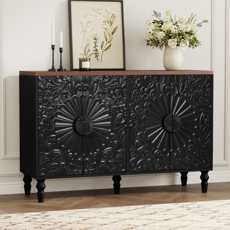 Buffet de 46,5 po de largeur à 4 portes avec plateau en bois à motif floral rétro et noir, noir, Black