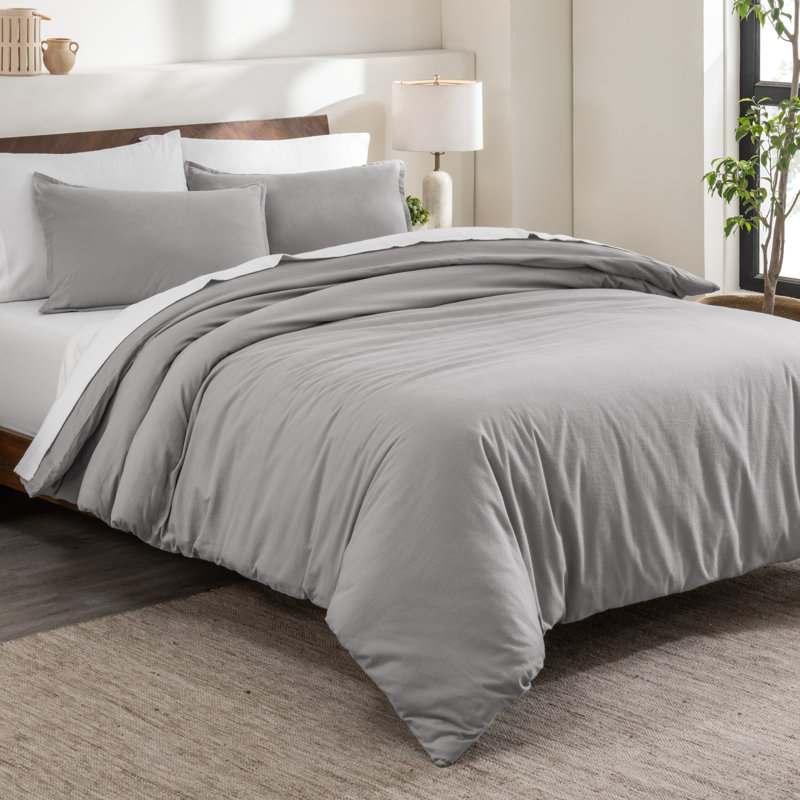 100% Cotton Flannel Duvet Cover Set, King Duvet Cover + 2 King Shams, Light Gray