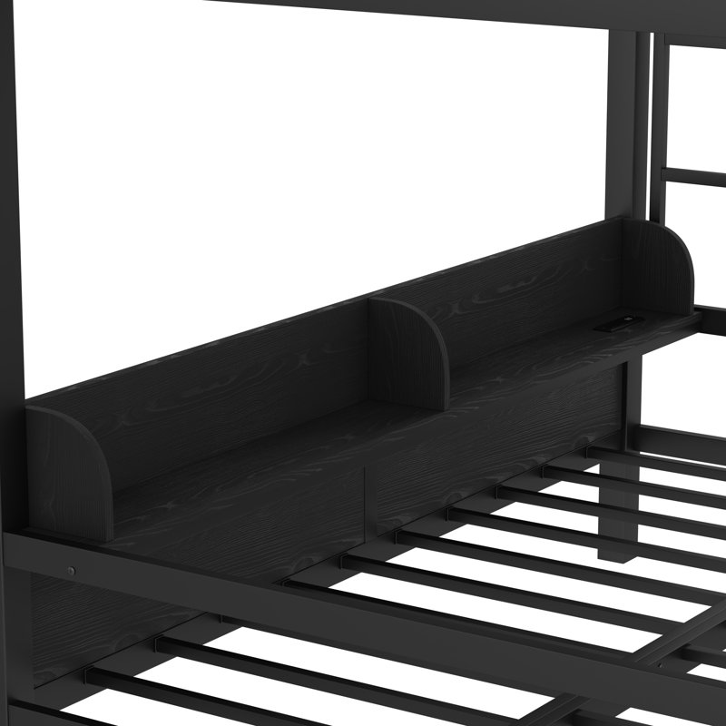 Queen over Queen Metal Bunk Bed with Storage, USB Ports, LED Lights, Lower Sofa Conversion and Drawers, Black, Queen