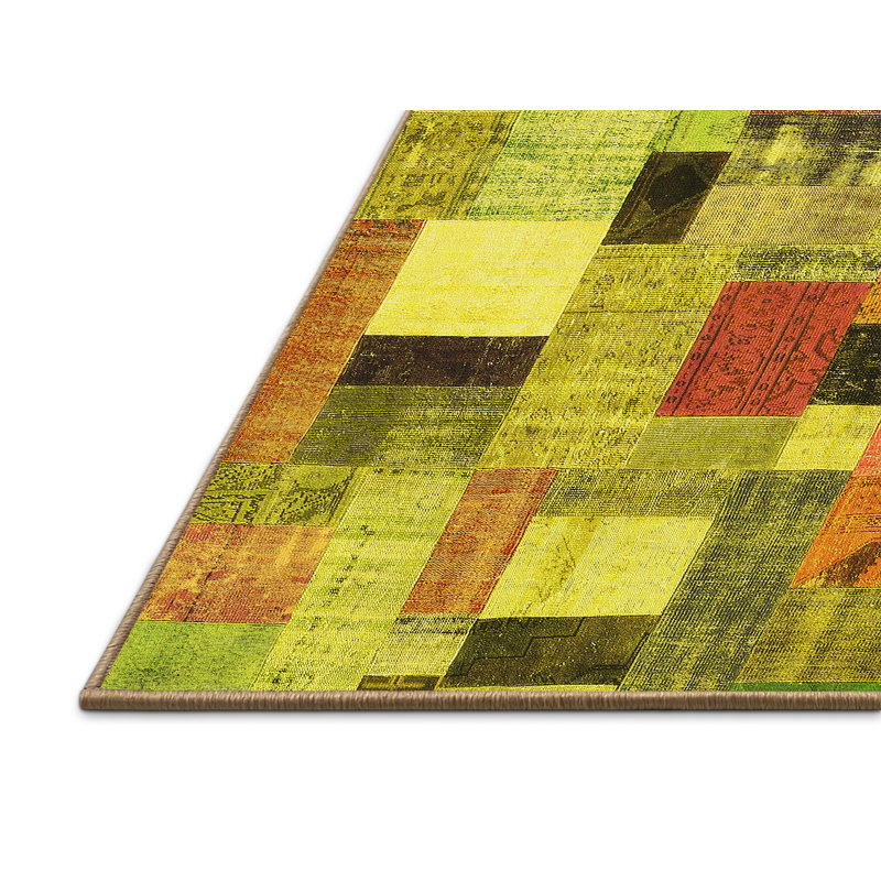 Tapis géométrique en laine / polyester tissé à la machine en jaune / orange / vert, Rectangle 2 pi x 3 pi
