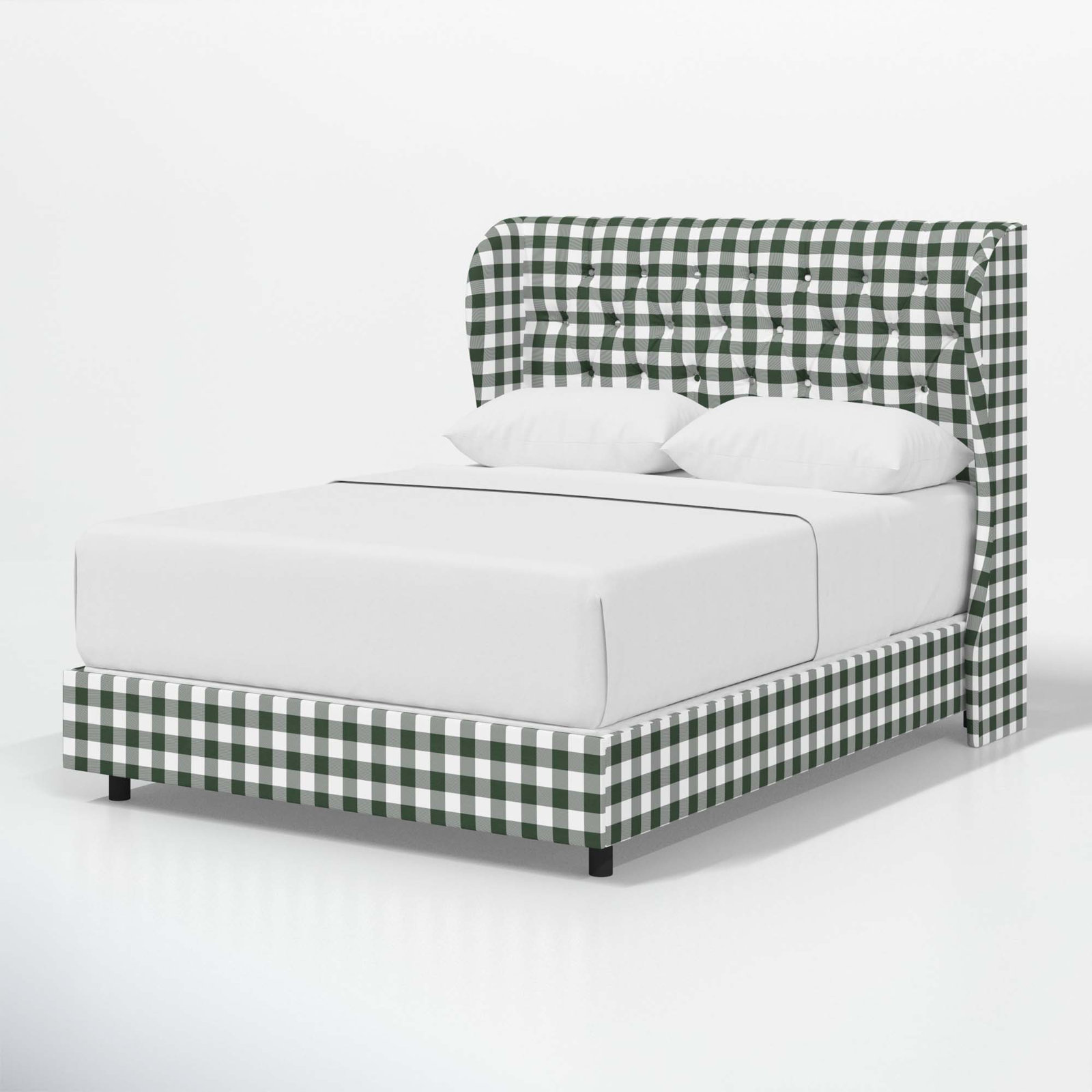 Tomey Cotton Upholstered Wingback Bed, Twin, Classic Gingham Evergreen