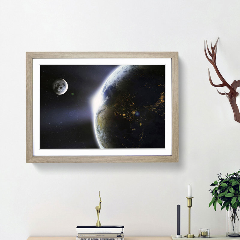 The Moon and Planet Earth - Picture Frame Photograph Print, Oak Framed, 36cm H x 48cm W x 2cm D