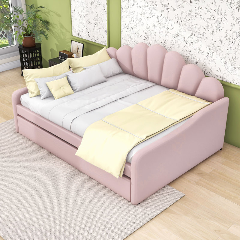 Full Wood Upholstery Daybed with Trundle and Slats, Pink