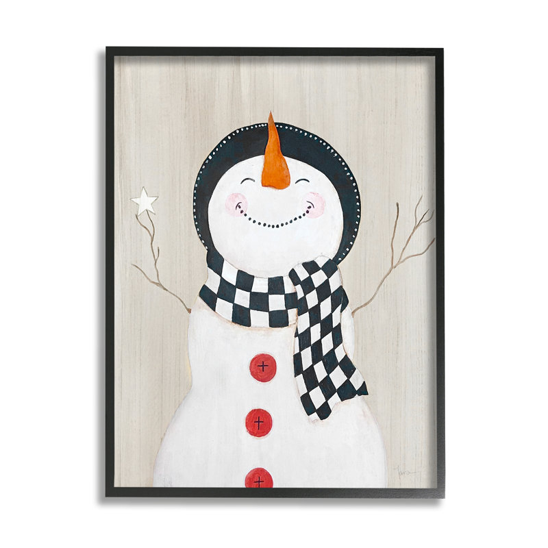 «Happy Smile Winter Snowman» encadré sur bois par Janet Tava, peinture, Giclée encadrée noir minuit, H 14 po x l 11 po