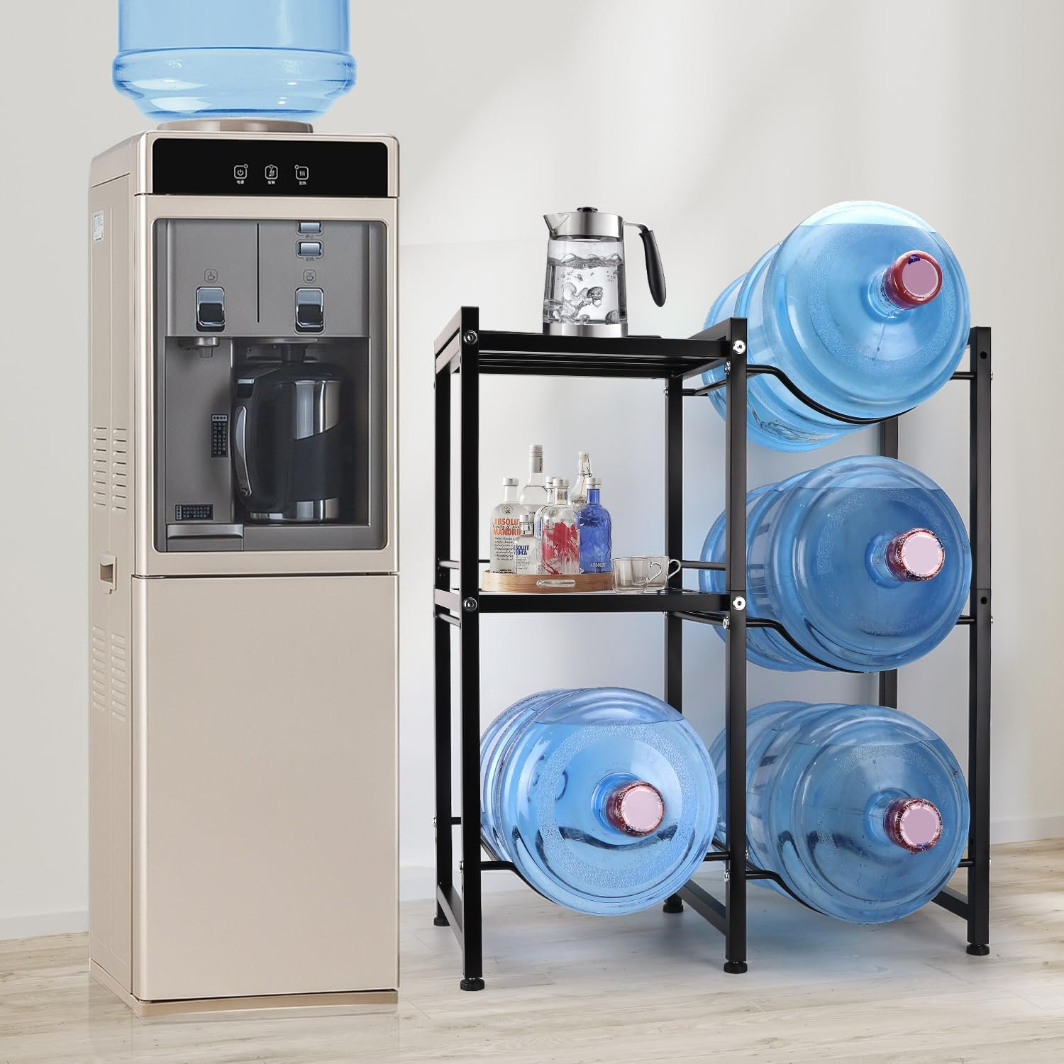 17 Stories 5 Gallon Water Jug Holder With 2-Layer Storage Shelf And 4 ...