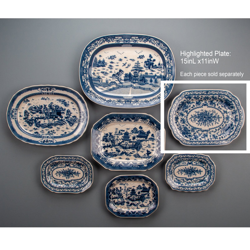 Porcelain Platter Blue and White Willow 16.5inL, 1.5" H x 15" W x 11" D