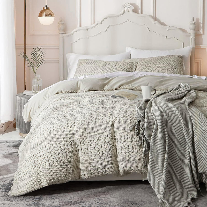 Ensemble de housse de couette Waffle Weave, Housse de couette grand et 2 taies d'oreiller stan, Kaki