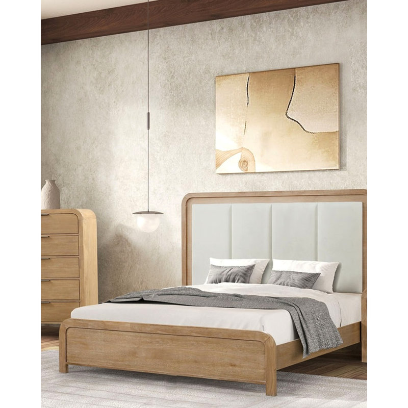Lit très grand avec tête de lit matelassée, finition naturelle et style transitionnel, fabriqué en bois d'ingénierie en bois d'hévéa massif pour cadre de chambre à coucher en bois d'hévéa, placage de manguier