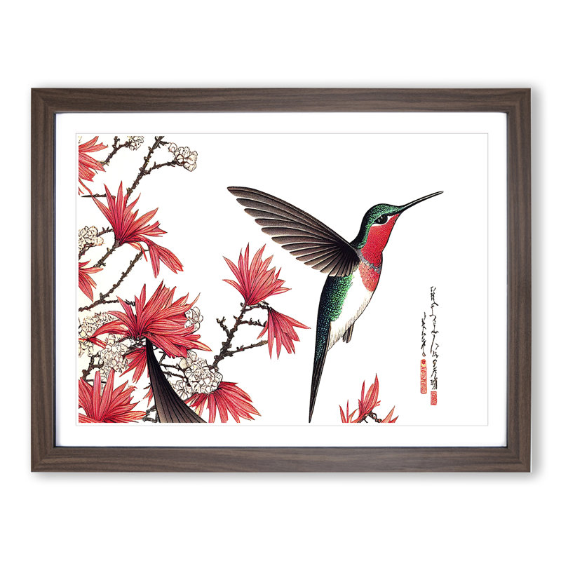 Japanese Hummingbird - Single Picture Frame Print, 25cm H x 34cm W x 2cm D, Walnut