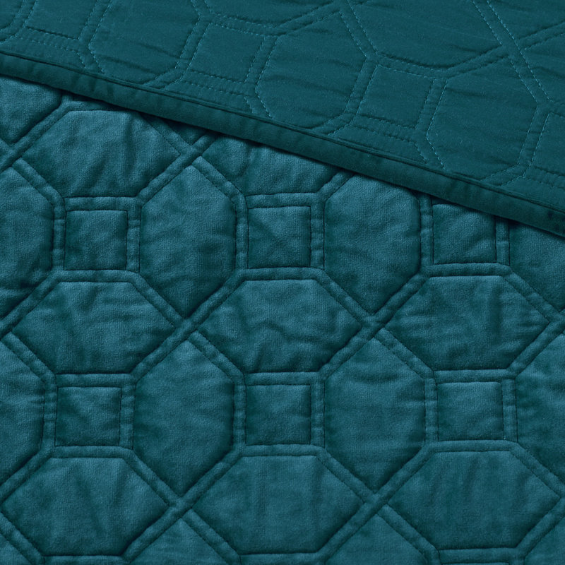 Courtepointe 3 pièces en velours bleu sarcelle, taille double / grand - matelassé géométrique pour le style, rembourrage en coton confortable, comprend 1 et 2 taies décoratives, bleu sarcelle lavable à la machine doux et élégant avec design, durable et facile à