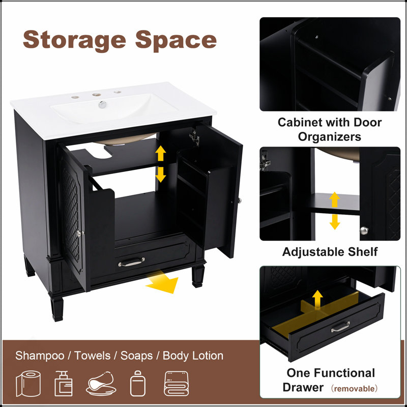 Meuble-lavabo de style rétro 30 po avec lavabo, rangement multifonctionnel et porte à fermeture en douceur, Noir
