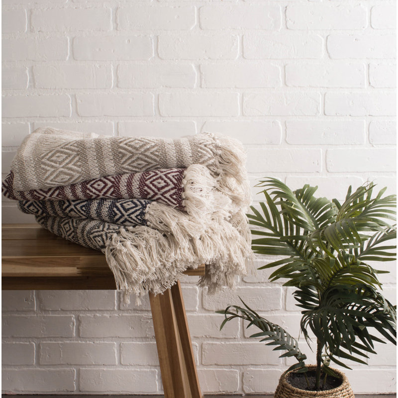 Navy and Off-White Cotton Striped Throw Blanket with Fringe
