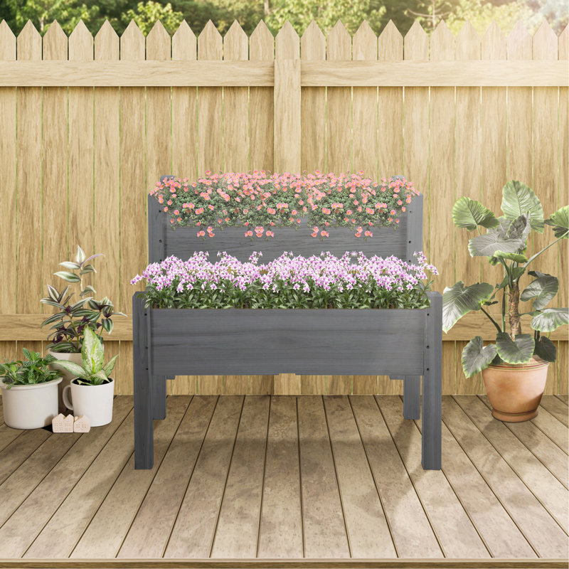 Lit de jardin surélevé, boîte à fleurs surélevée à 2 niveaux pour jardin, patio pour cultiver des légumes, des herbes et des fleurs, gris