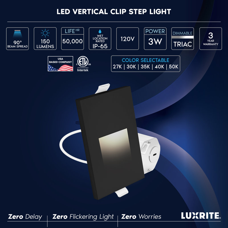 Éclairage de marches à pince DEL Luxrite, 5CCT, 3W, 150LM, faisceau 90 °, intensité variable, 120V, IP65, couvercle de plaque interchangeable, intérieur / extérieur, noir, lot de 4