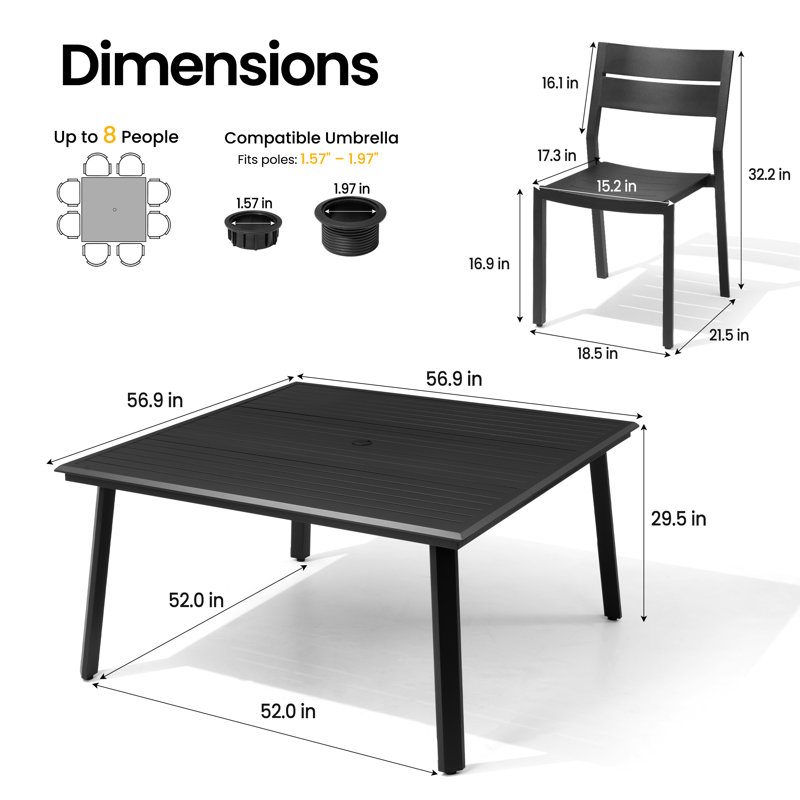 8 - Person Square Aluminum Outdoor Dining Set With Stackable Armless Chairs