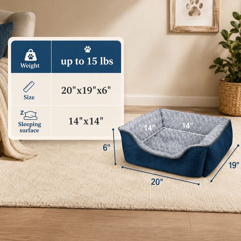 Ce sofa rectangulaire bleu marine pour chiens est offert en plusieurs tailles et convient aux chiens de grande, moyenne et petite taille ainsi qu'aux chiots. Il combine une construction orthopédique avec une surface douce, respirante et apaisante pour les câlins des animaux de compagnie, une grande durabilité, une facilité de lavage et une base antidérapante.