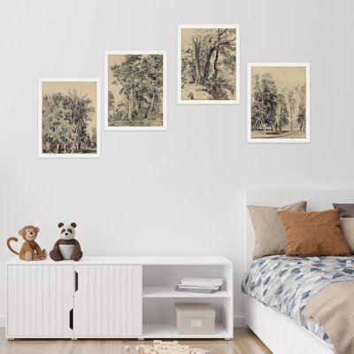 «Woodland Country Farmhouse Sket», forêt, arbres, paysages, art rétro classique, impression encadrée sur papier, 4 pièces