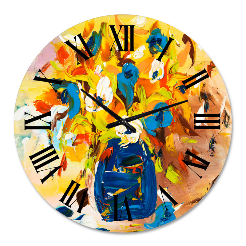 Un bouquet de fleurs en jaune et bleu - horloge murale traditionnelle, Moyenne