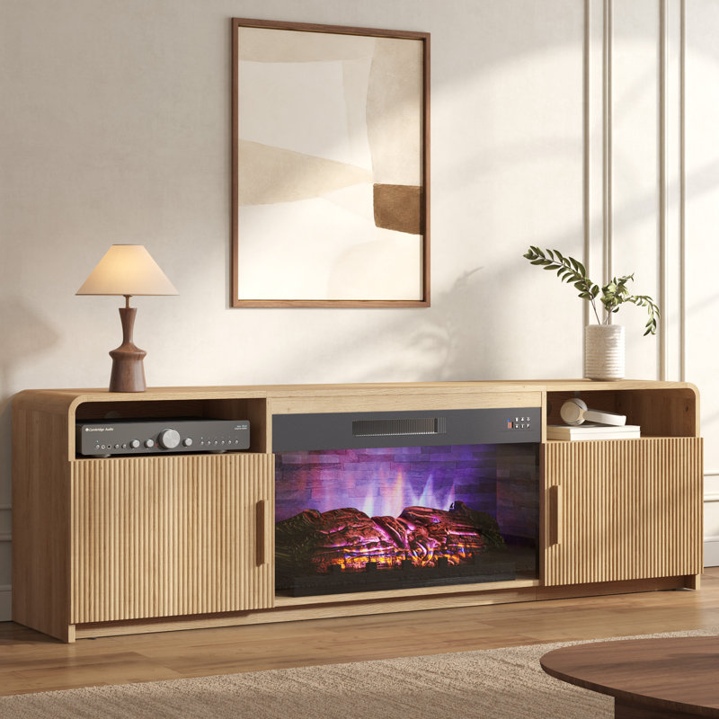 Meuble télé 70 po pour téléviseur de 75 po ou moins avec portes cannelées et grand rangement et rebords arrondis, Naturel