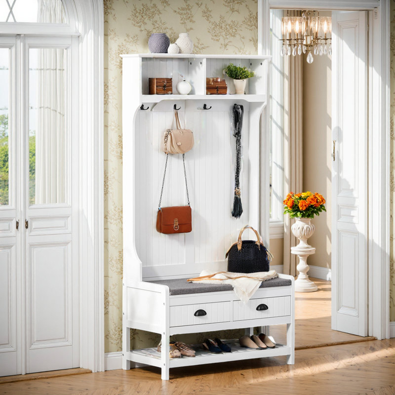 Versatile Hall Tree 16.5" W with Bench for Shoes,Coats and Bags, White