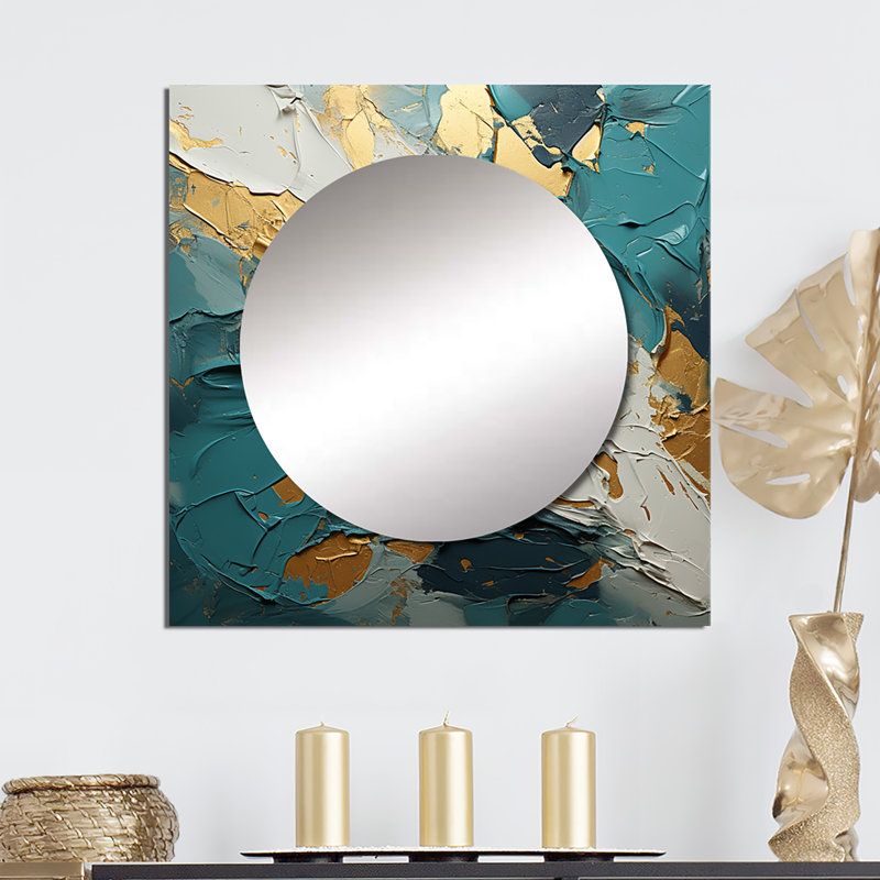 Sérénité coucher de soleil bleu sarcelle et blanc I - Grand miroir mural carré à formes abstraites pour chambre