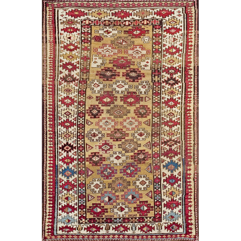 Petit tapis de style chiots de race blanche de style tribal antique de couleur jaune clair