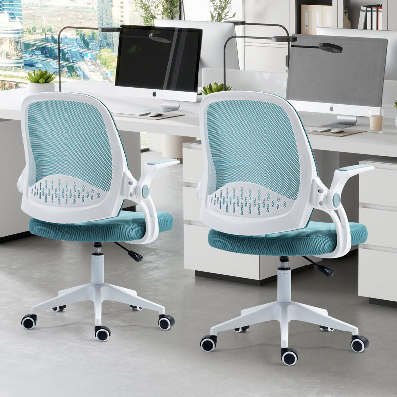 Mid Back Mesh Office Chair with Flip-Up Arms, Ergonomic Task Chair for Home Office, White/Light Blue