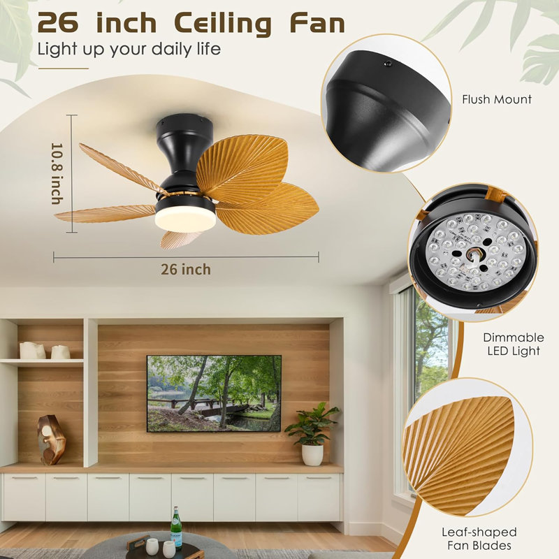 Ventilateur de plafond à 5 feuilles de palmier avec lumière et télécommande, ventilateurs de plafond d'extérieur de style bord de mer tropical