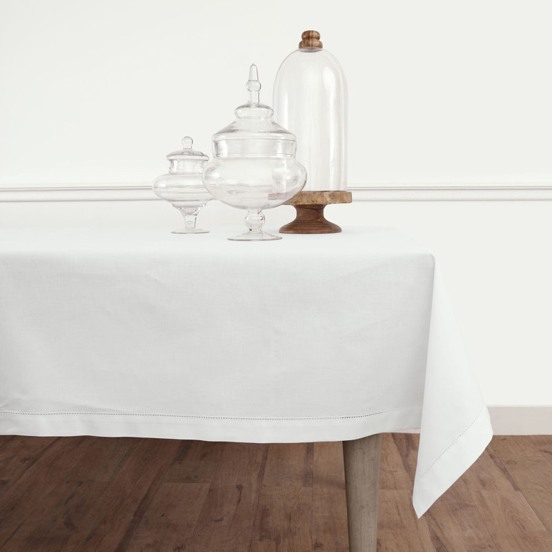 Cotton Linen Hemstitch Tablecloth, White, 126" x 60"