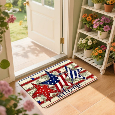 Patriotic Star Welcome Door Rug, For Front Door & Holiday, 24" X 36", Red Blue