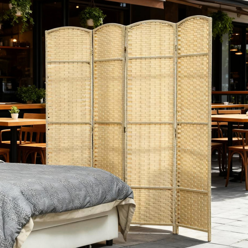 Paravent 4 panneaux pliable tissé à la main avec plateau arqué, polypropylène pour l'intimité, structure en bois de pin, beige, à utiliser dans la chambre à coucher ou le bureau