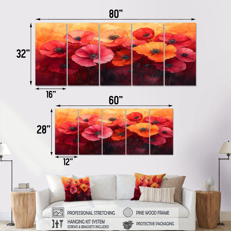 Ketcham - coquelicots - art mural traditionnel, 5, H 32 po x l 80 po