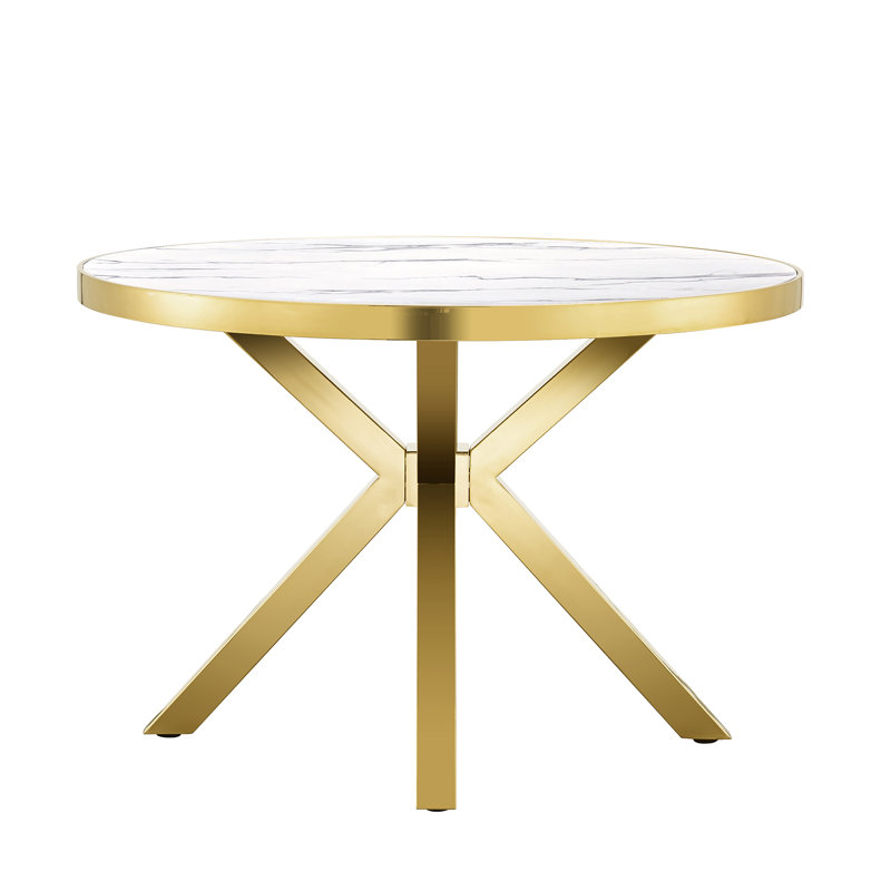 Round Faux Marble Top Metal Base Dining Table, White/Gold