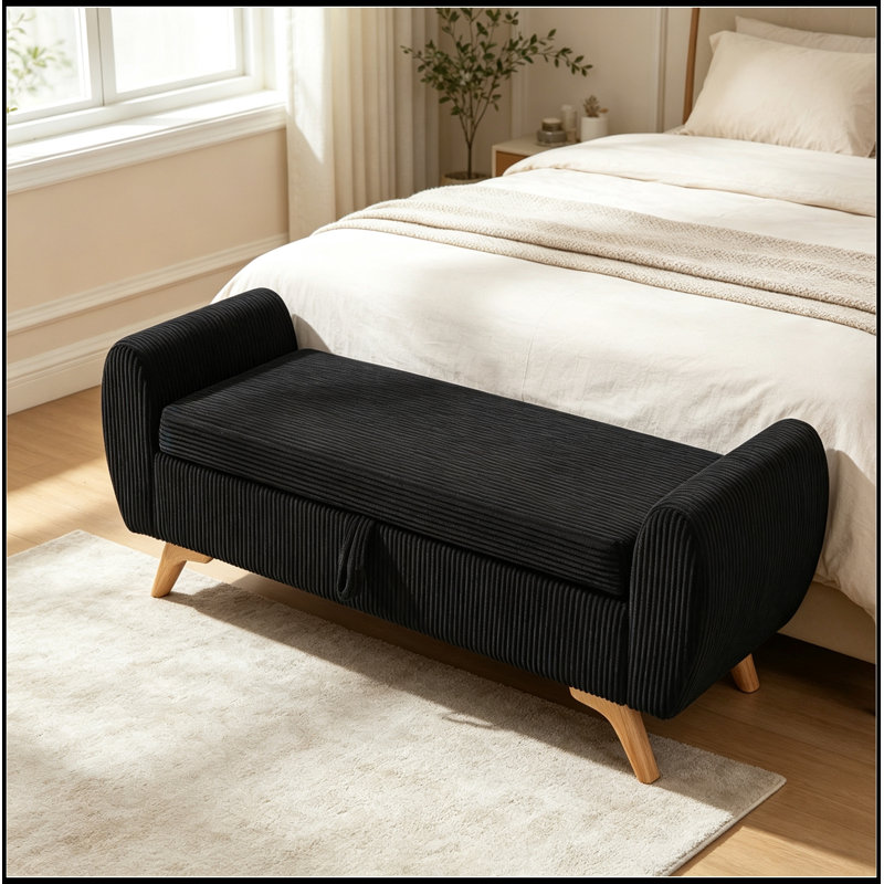 Banc rembourré en velours côtelé avec rangement rabattable, Noir
