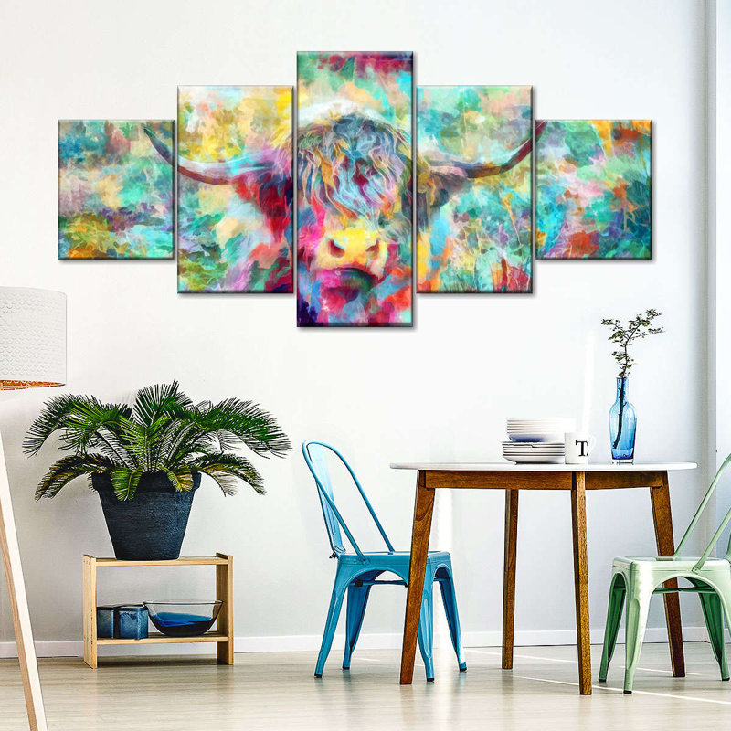 «Highland Cow», impression colorée sur toile 5 pièces Highland Cow, H 34 po x l 74 po x P 1 po