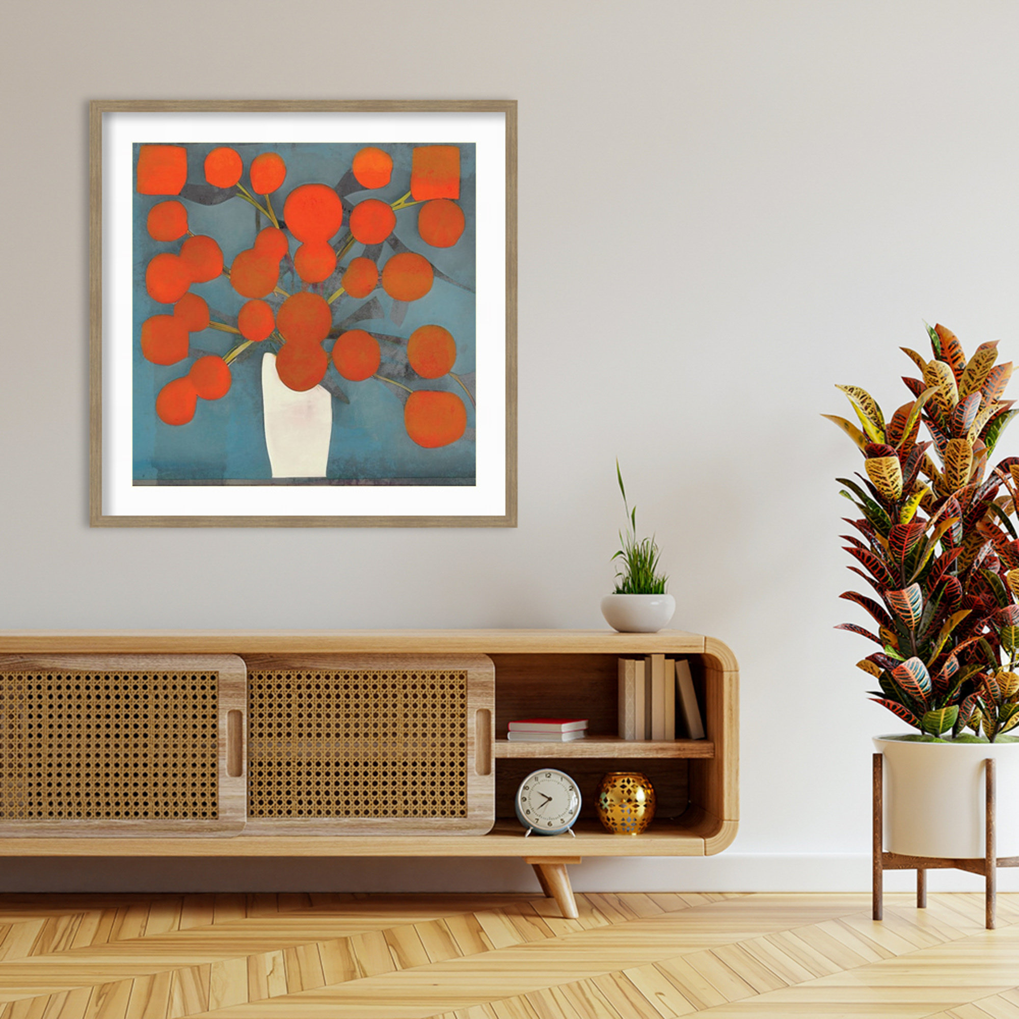 Abstract Orange Flowers by Elena Ray Wood Framed Wall Art Print, Brown, 42" H x 42" W