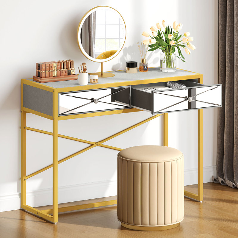mirrored dressing table with mirror Mercer41 Vanity Desk 2 Drawers, Gold For Make Up, Console Table For Living Room, Entryway, Bedroom bedroom dressing table with mirror Black Halo Women's Jackie pfid:DR00115CDP making your rooms feel Size:4.5 US Men (3.5 UK/AU)