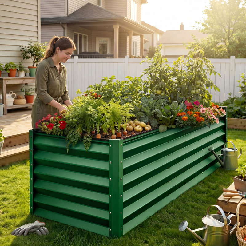 Galvanized Raised Garden Bed With Gloves, 36" H x 96" W x 48" D, Green