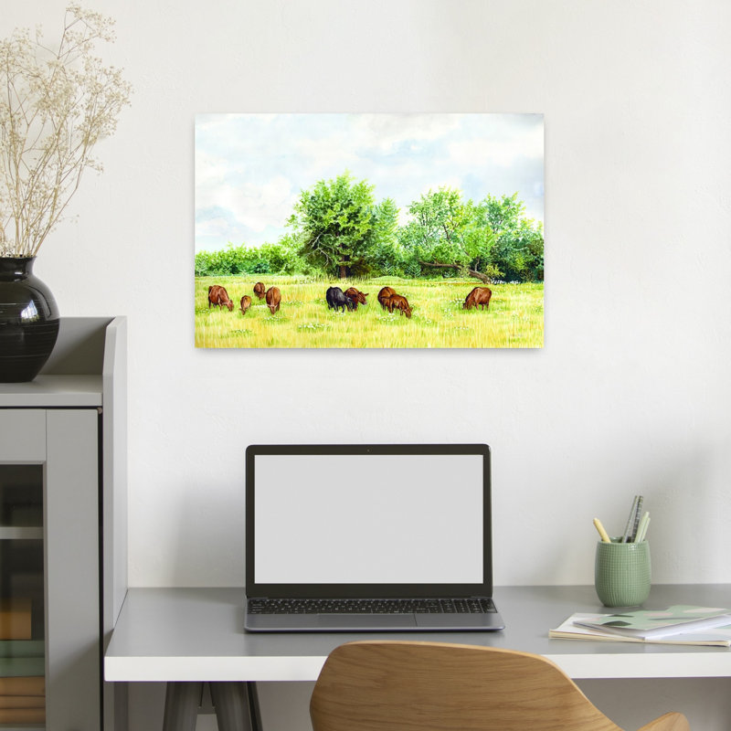 Pâturages tranquilles II - Paysage de chevaux abstrait et contemporain - Affiche murale nature, H 16 po x l 24 po