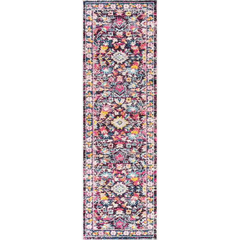 Tapis multicolore / mauve à motif floral Boho, Tapis de couloir 2 pi 3 po x 8 pi