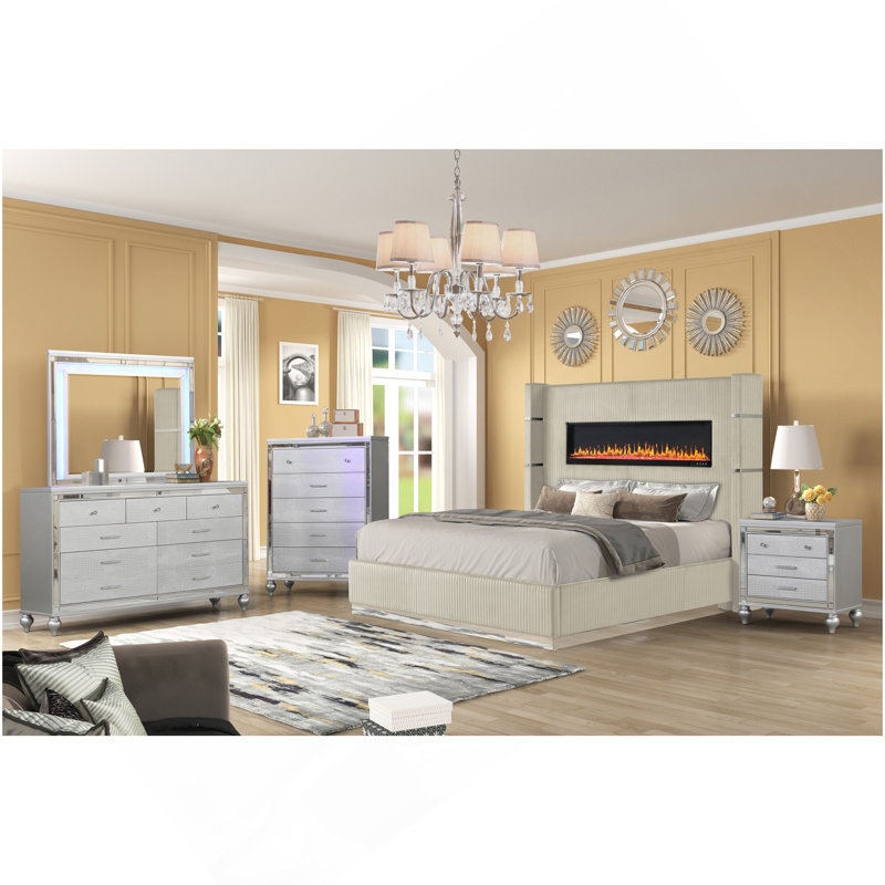 Ensemble de chambre à coucher grand lit en bois 5 pièces avec éclairage ambiant LIZZELLE Upholstery, Grand lit, Beige