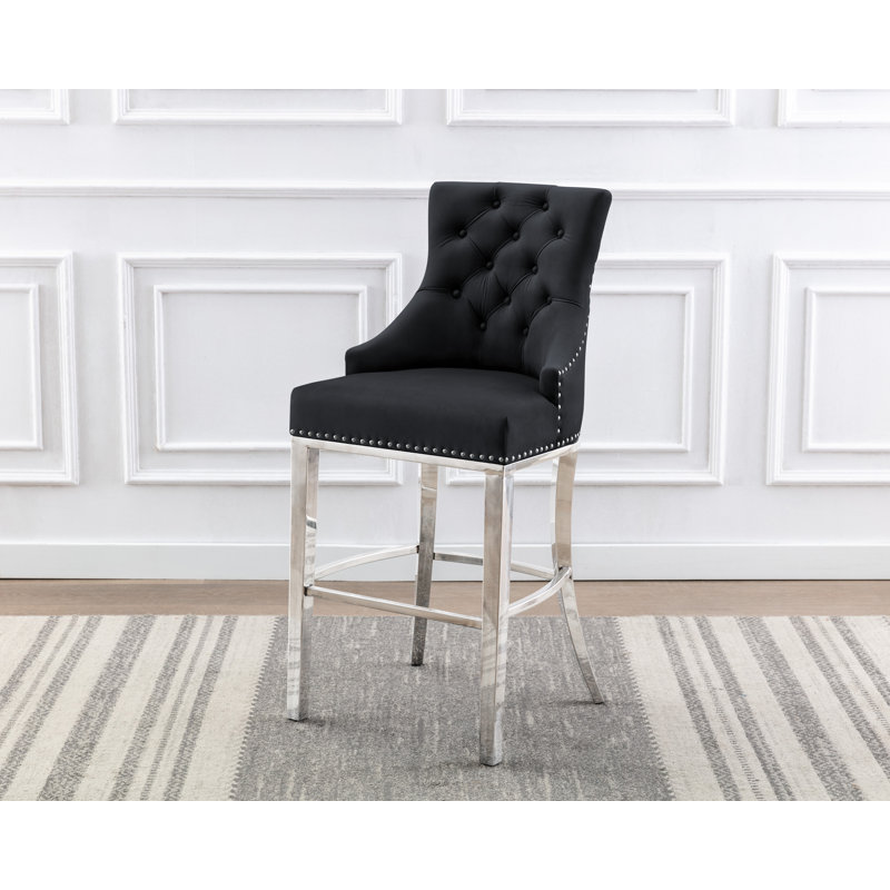 Kairin Upholstered Counter Stool, Black Velvet / Silver, Counterstool (40" Seat Height)