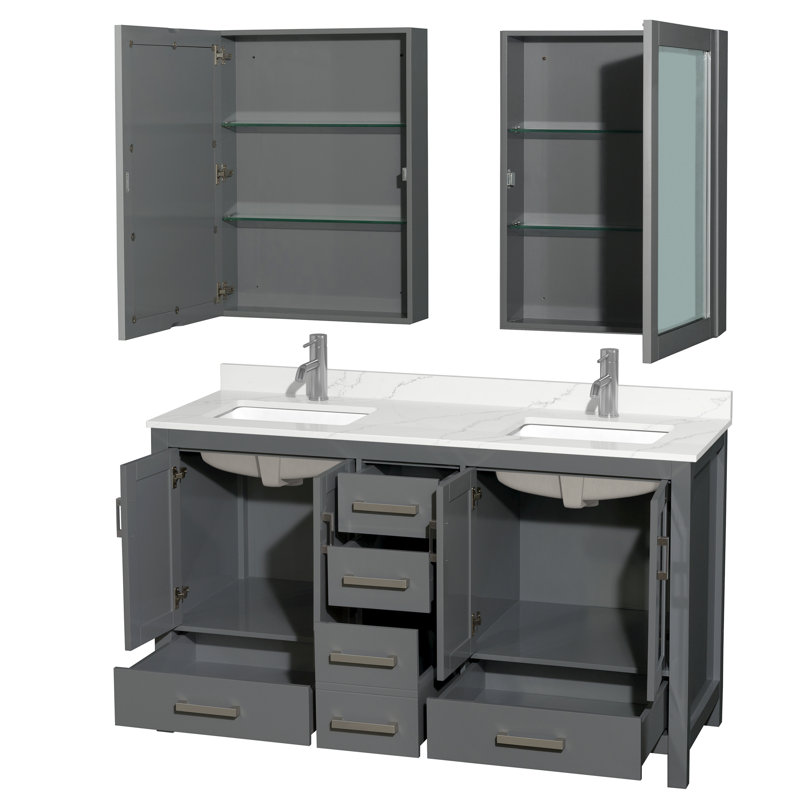 Meuble-lavabo double 60 po avec comptoir en quartz et armoires à pharmacie Sheffield, Gris foncé, Chrome, Quartz Giotto