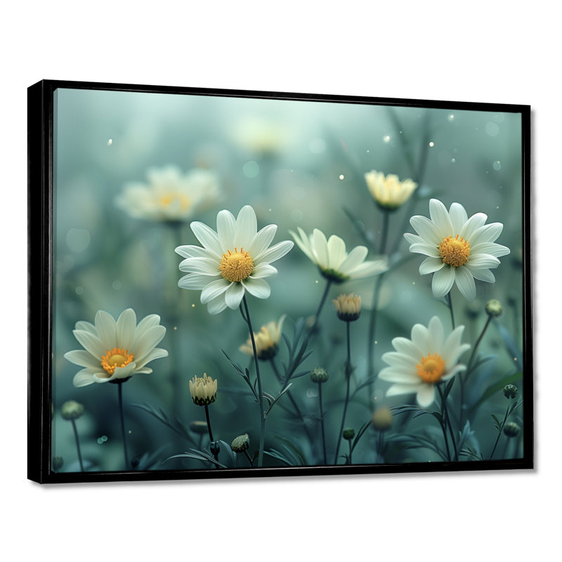 Nirvana blanc et blanc - marguerites, art mural, H 34 po x l 44 po x P 1,5 po, Cadre flottant noir
