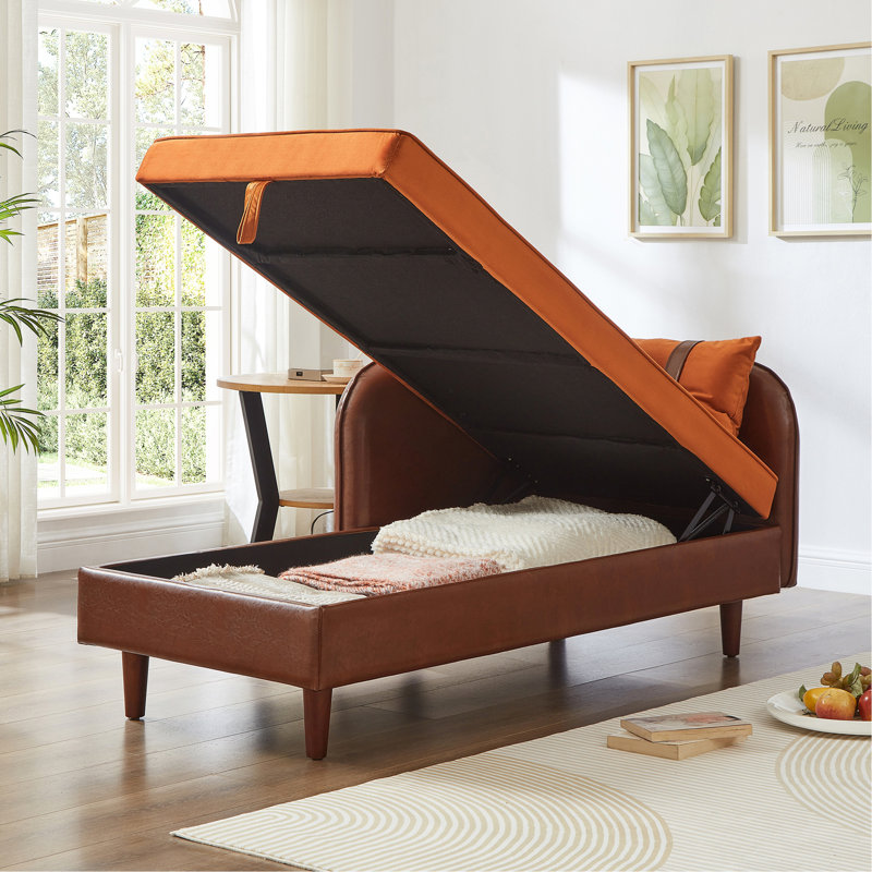 Canapé de rangement 65 po en polyuréthane brun et velours orange, Orange+Dark Brown Velvet