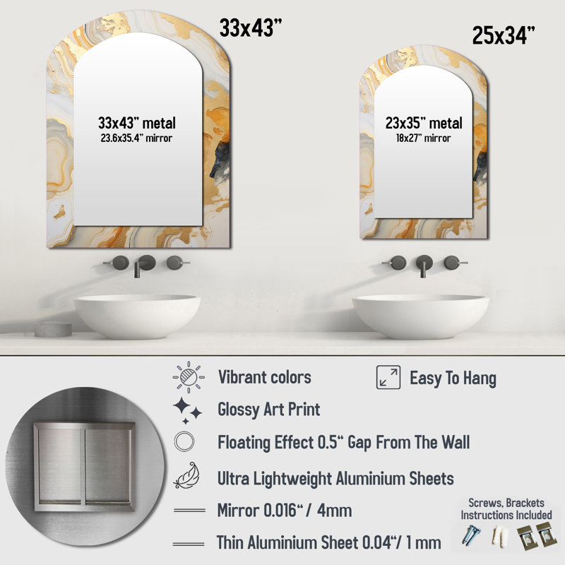 Gold And White Marble River - Marble Arch Unique Wall Mirror Decor, Gold Asymmetrical Large Mirror, Printed Metal Art